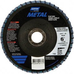 Norton - 40 Grit, 6" Disc Diam, 7/8" Center Hole, Type 29 Zirconia Alumina Flap Disc - 10,200 Max RPM, Fiberglass Backing, Arbor Attaching System, Coated - Eagle Tool & Supply
