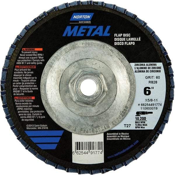 Norton - 80 Grit, 6" Disc Diam, 5/8-11 Center Hole, Type 27 Zirconia Alumina Flap Disc - 10,200 Max RPM, Fiberglass Backing, Arbor Attaching System, Coated - Eagle Tool & Supply