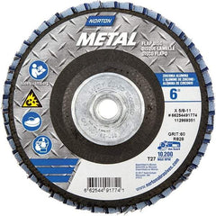 Norton - 60 Grit, 6" Disc Diam, 5/8-11 Center Hole, Type 27 Zirconia Alumina Flap Disc - 10,200 Max RPM, Fiberglass Backing, Arbor Attaching System, Coated - Eagle Tool & Supply