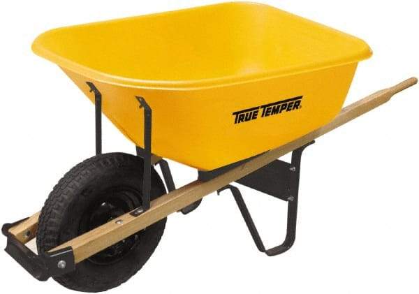 True Temper - 6 Cu Ft Capacity Wheelbarrow with 16" Pneumatic Wheel - Hardwood Handle, 60" Long x 30" Wide x 27" High, Yellow - Eagle Tool & Supply