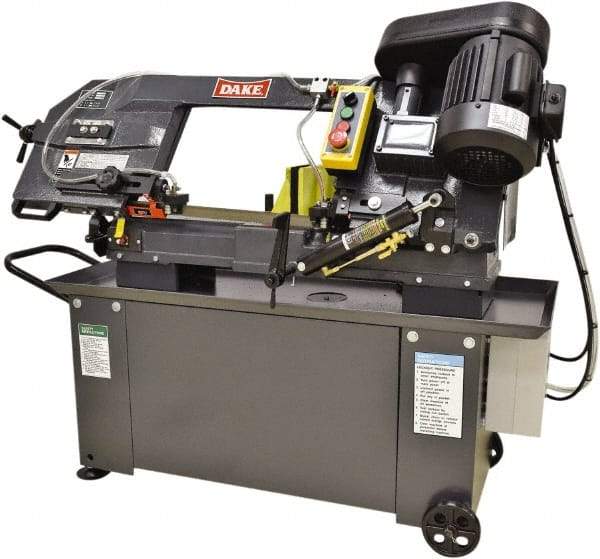 Dake - 9 x 12" Max Capacity, Manual Step Pulley Horizontal Bandsaw - 98 to 328 SFPM Blade Speed, 110 Volts, 45°, 1 hp, 1 Phase - Eagle Tool & Supply