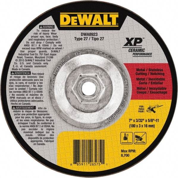 DeWALT - 7" Wheel Diam, 3/32" Wheel Thickness, 5/8" Arbor Hole, Type 27 Depressed Center Wheel - Fine/Coarse Grade, Ceramic, 8,700 Max RPM - Eagle Tool & Supply