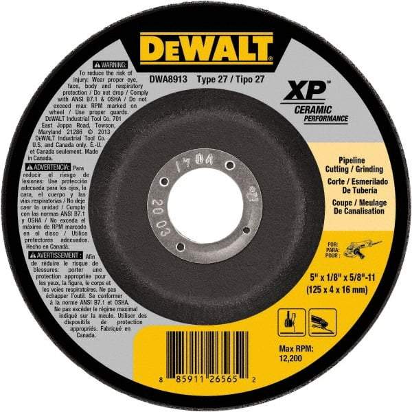 DeWALT - 5" Wheel Diam, 1/8" Wheel Thickness, 5/8" Arbor Hole, Type 27 Depressed Center Wheel - Fine/Coarse Grade, Ceramic, 12,200 Max RPM - Eagle Tool & Supply