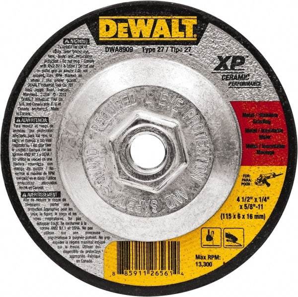 DeWALT - 4-1/2" Wheel Diam, 1/4" Wheel Thickness, 5/8" Arbor Hole, Type 27 Depressed Center Wheel - Fine/Coarse Grade, Ceramic, 13,300 Max RPM - Eagle Tool & Supply