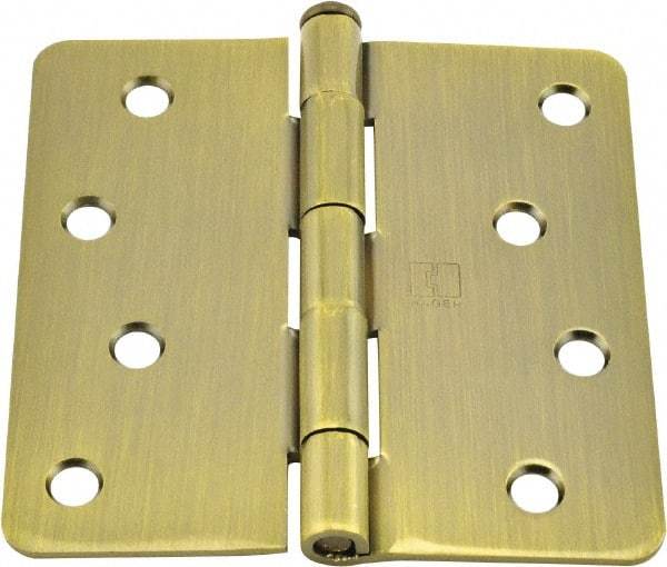 Hager - 4" Wide x 4" High 1/4 Radius Residential Hinge - Round Edge, Steel, Antique Brass Finish - Eagle Tool & Supply