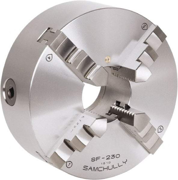 Samchully - 4 Jaw, 192mm Diam, Self Centering Manual Lathe Chuck - Rear Mount, Adjustable, 57mm Through Hole Diam, Forged Steel - Eagle Tool & Supply