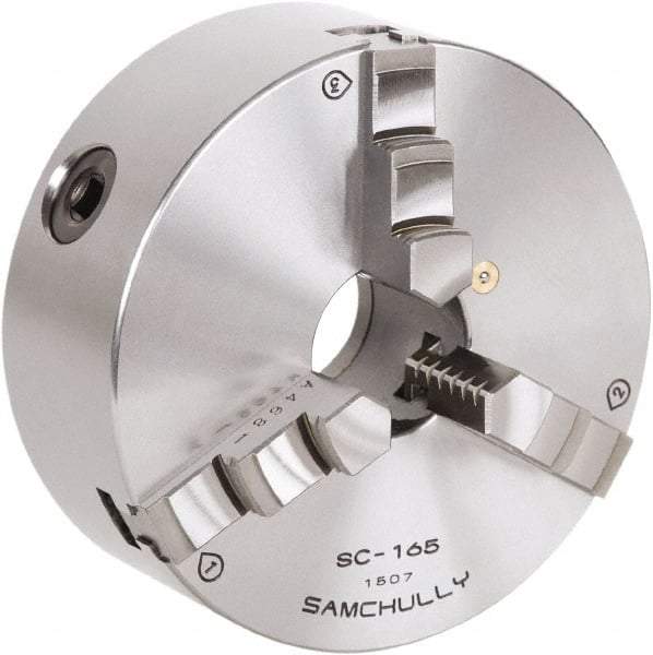 Samchully - 3 Jaw, 85mm Diam, Self Centering Manual Lathe Chuck - Rear Mount, Adjustable, 16mm Through Hole Diam, Forged Steel - Eagle Tool & Supply