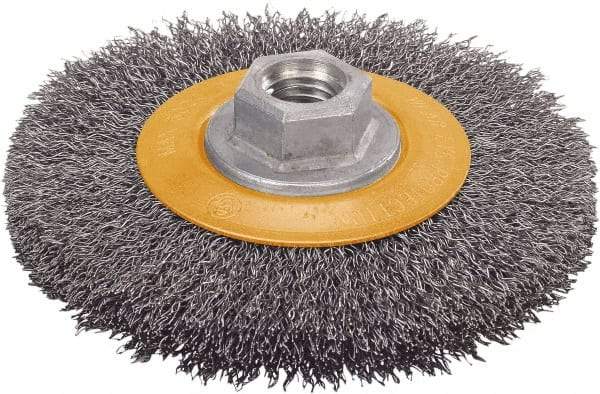 WALTER Surface Technologies - 4-1/2" OD, 5/8-11 Arbor Hole, Crimped Stainless Steel Wheel Brush - 5/8" Face Width, 1" Trim Length, 0.0118" Filament Diam, 12,500 RPM - Eagle Tool & Supply