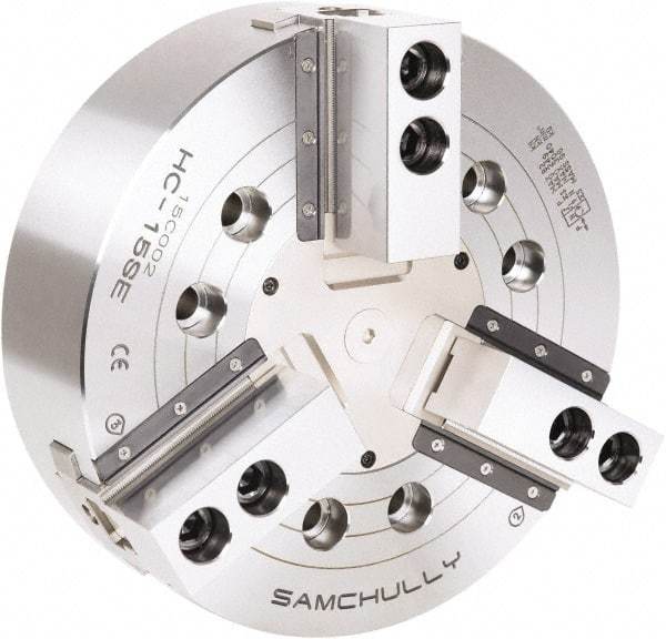 Samchully - 3 Jaw, 381mm Chuck Diam, Plain Back Mount, 0mm Through Hole Diam, Drawbar Hydraulic Power Lathe Chuck - 1.5mm x 60° Serrated Jaw Interface, 3,040 RPM, Steel Body - Eagle Tool & Supply