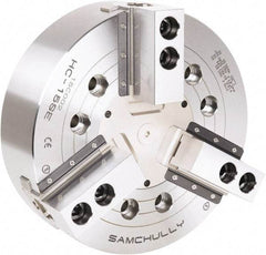 Samchully - 3 Jaw, 381mm Chuck Diam, Plain Back Mount, 0mm Through Hole Diam, Drawbar Hydraulic Power Lathe Chuck - 1.5mm x 60° Serrated Jaw Interface, 3,040 RPM, Steel Body - Eagle Tool & Supply