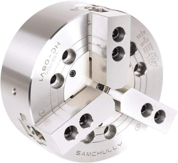 Samchully - 3 Jaw, 254mm Chuck Diam, Plain Back Mount, 0mm Through Hole Diam, Drawbar Hydraulic Power Lathe Chuck - 1.5mm x 60° Serrated Jaw Interface, 4,010 RPM, Steel Body - Eagle Tool & Supply