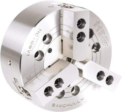 Samchully - 3 Jaw, 210mm Chuck Diam, Plain Back Mount, 0mm Through Hole Diam, Drawbar Hydraulic Power Lathe Chuck - 1.5mm x 60° Serrated Jaw Interface, 4,760 RPM, Steel Body - Eagle Tool & Supply