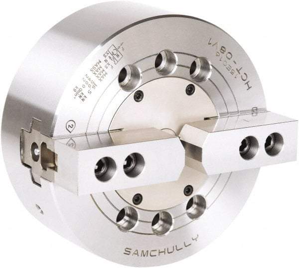 Samchully - 2 Jaw, 110mm Chuck Diam, Plain Back Mount, 0mm Through Hole Diam, Drawbar Hydraulic Power Lathe Chuck - 1.5mm x 60° Serrated Jaw Interface, 6,000 RPM, Steel Body - Eagle Tool & Supply