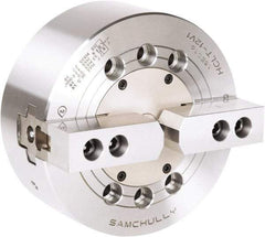 Samchully - 2 Jaw, 210mm Chuck Diam, Plain Back Mount, 0mm Through Hole Diam, Drawbar Hydraulic Power Lathe Chuck - 1.5mm x 60° Serrated Jaw Interface, 3,600 RPM, Steel Body - Eagle Tool & Supply