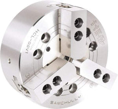 Samchully - 3 Jaw, 254mm Chuck Diam, Plain Back Mount, 0mm Through Hole Diam, Drawbar Hydraulic Power Lathe Chuck - 1.5mm x 60° Serrated Jaw Interface, 3,100 RPM, Steel Body - Eagle Tool & Supply