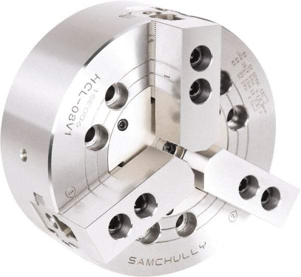 Samchully - 3 Jaw, 210mm Chuck Diam, Plain Back Mount, 0mm Through Hole Diam, Drawbar Hydraulic Power Lathe Chuck - 1.5mm x 60° Serrated Jaw Interface, 3,600 RPM, Steel Body - Eagle Tool & Supply