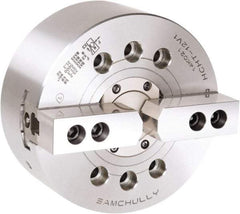 Samchully - 2 Jaw, 381mm Chuck Diam, Plain Back Mount, 0mm Through Hole Diam, Drawtube Hydraulic Power Lathe Chuck - 1.5mm x 60° Serrated Jaw Interface, 2,500 RPM, Steel Body - Eagle Tool & Supply