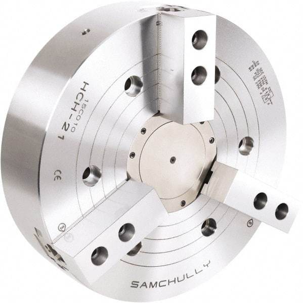 Samchully - 3 Jaw, 530mm Chuck Diam, Plain Back Mount, 140mm Through Hole Diam, Drawtube Hydraulic Power Lathe Chuck - 3mm x 60° Serrated Jaw Interface, 1,700 RPM, Steel Body - Eagle Tool & Supply