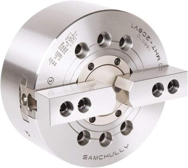 Samchully - 2 Jaw, 175mm Chuck Diam, Plain Back Mount, 52mm Through Hole Diam, Drawtube Hydraulic Power Lathe Chuck - 1.5mm x 60° Serrated Jaw Interface, 6,000 RPM, Steel Body - Eagle Tool & Supply