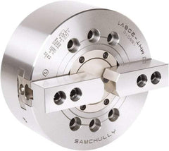 Samchully - 2 Jaw, 210mm Chuck Diam, Plain Back Mount, 66mm Through Hole Diam, Drawtube Hydraulic Power Lathe Chuck - 1.5mm x 60° Serrated Jaw Interface, 5,000 RPM, Steel Body - Eagle Tool & Supply