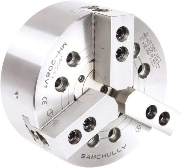 Samchully - 3 Jaw, 610mm Chuck Diam, Plain Back Mount, 190mm Through Hole Diam, Drawtube Hydraulic Power Lathe Chuck - 1.5mm x 60° Serrated Jaw Interface, 1,400 RPM, Steel Body - Eagle Tool & Supply