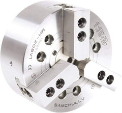 Samchully - 3 Jaw, 210mm Chuck Diam, Plain Back Mount, 66mm Through Hole Diam, Drawtube Hydraulic Power Lathe Chuck - 1.5mm x 60° Serrated Jaw Interface, 5,000 RPM, Steel Body - Eagle Tool & Supply