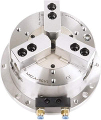 Samchully - 3 Jaw, 300mm Chuck Diam, Plain Back Mount, 0mm Through Hole Diam, Self-Contained Air Power Lathe Chuck - 1.5mm x 60° Serrated Jaw Interface, Steel Body - Eagle Tool & Supply