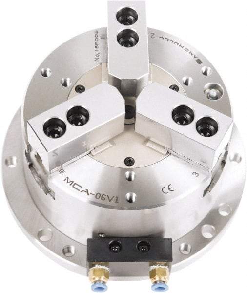 Samchully - 3 Jaw, 248mm Chuck Diam, Plain Back Mount, 0mm Through Hole Diam, Self-Contained Air Power Lathe Chuck - 1.5mm x 60° Serrated Jaw Interface, Steel Body - Eagle Tool & Supply