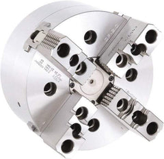 Samchully - 4 Jaw, 254mm Chuck Diam, Plain Back Mount, 0mm Through Hole Diam, Drawbar Hydraulic Power Lathe Chuck - 1.5mm x 60° Serrated Jaw Interface, 3,200 RPM, Steel Body - Eagle Tool & Supply