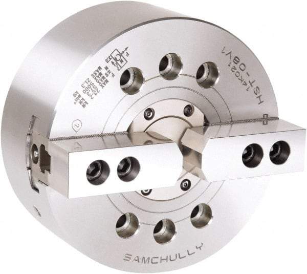 Samchully - 2 Jaw, 254mm Chuck Diam, Plain Back Mount, 77mm Through Hole Diam, Drawtube Hydraulic Power Lathe Chuck - 1.5mm x 60° Serrated Jaw Interface, 4,200 RPM, Steel Body - Eagle Tool & Supply