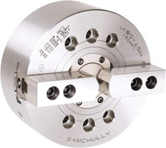 Samchully - 2 Jaw, 210mm Chuck Diam, Plain Back Mount, 52mm Through Hole Diam, Drawtube Hydraulic Power Lathe Chuck - 1.5mm x 60° Serrated Jaw Interface, 5,000 RPM, Steel Body - Eagle Tool & Supply