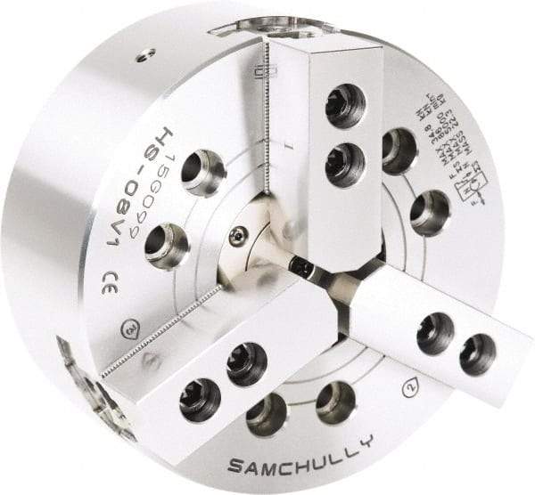 Samchully - 3 Jaw, 210mm Chuck Diam, Plain Back Mount, 52mm Through Hole Diam, Drawtube Hydraulic Power Lathe Chuck - 1.5mm x 60° Serrated Jaw Interface, 5,000 RPM, Steel Body - Eagle Tool & Supply