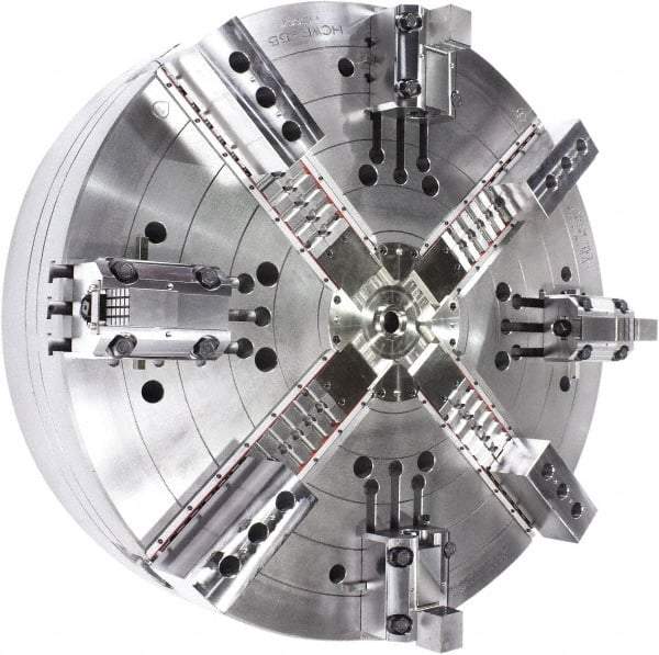 Samchully - 4 Jaw, 1400mm Chuck Diam, Plain Back Mount, 0mm Through Hole Diam, Drawbar Hydraulic Power Lathe Chuck - Tongue & Groove Jaw Interface, 400 RPM, Steel Body - Eagle Tool & Supply