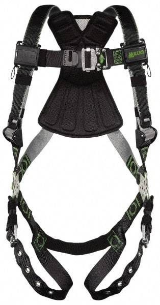 Miller - 400 Lb Capacity, Size Universal, Full Body Construction Safety Harness - Polyester (Outer) & Webbing, Tongue Leg Strap, Quick Connect Chest Strap, Green/Black - Eagle Tool & Supply