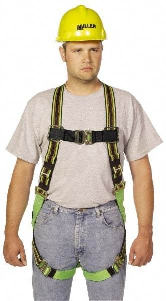 Miller - 400 Lb Capacity, Size Universal, Full Body Construction Safety Harness - Polyester Webbing, Quick Connect Leg Strap, Quick Connect Chest Strap, Green/Black - Eagle Tool & Supply