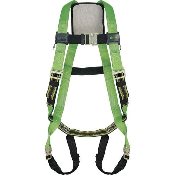Miller - 400 Lb Capacity, Size Universal, Full Body Construction Safety Harness - Polyester Webbing, Quick Connect Leg Strap, Quick Connect Chest Strap, Green/Black - Eagle Tool & Supply