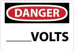 NMC - Accident Prevention Label, Header: DANGER - Legend: Danger - ____ Volts, English, Red, Black & White, 5" Long x 3" High, Sign Muscle Finish - Eagle Tool & Supply