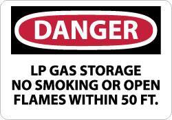 NMC - "Danger - LP Gas Storage - No Smoking or Open Flames Within 50 Ft.", 10" Long x 14" Wide, Pressure-Sensitive Vinyl Safety Sign - Rectangle, 0.004" Thick, Use for Accident Prevention - Eagle Tool & Supply