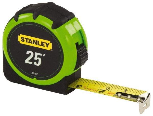 Stanley - 25' x 1" Yellow Blade Tape Measure - 1/16" Graduation, Inch Graduation Style, High-Visibility Green/Black Case - Eagle Tool & Supply