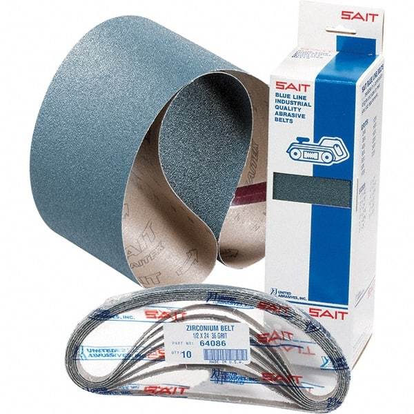 Sait - 1/4" Wide x 18" OAL, 36 FEPA Grit, Zirconia Alumina Abrasive Belt - Zirconia Alumina, Very Coarse, Coated, Y Weighted Cloth Backing, Wet/Dry, Series Z-H - Eagle Tool & Supply