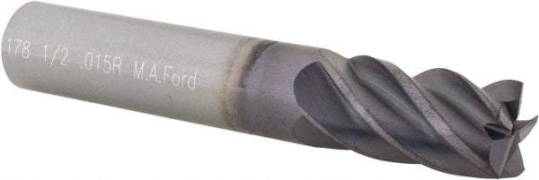 M.A. Ford - 1/2", 5 Flute, Single End, Solid Carbide, 0.015" Corner Radius End Mill - 3" OAL, 38° Helix, Right Hand Flute, 1" LOC, Right Hand Cut - Eagle Tool & Supply
