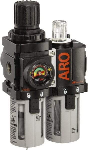 ARO/Ingersoll-Rand - 1/4" NPT Port Miniature 2 Piece Filter/Regulator-Lubricator FRL Unit - Polycarbonate Bowl, 44 SCFM, 150 Max psi, 5.2" High x 3.15" Long, Manual Drain - Eagle Tool & Supply