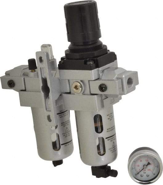 PRO-SOURCE - 1/4" NPT Port Intermediate 2 Piece Filter/Regulator-Lubricator FRL Unit - Polycarbonate Bowl, 53 SCFM, 145 Max psi, 8.66" High, Manual Drain - Eagle Tool & Supply