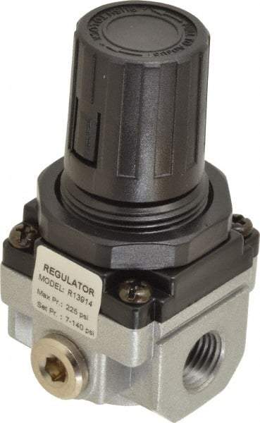 PRO-SOURCE - 1/4 NPT Port, 21 CFM, Aluminum Miniature Regulator - 7 to 145 psi Range, 220 Max psi Supply Pressure, 1/8" Gauge Port Thread, 1.56" Wide x 3.19" High - Eagle Tool & Supply