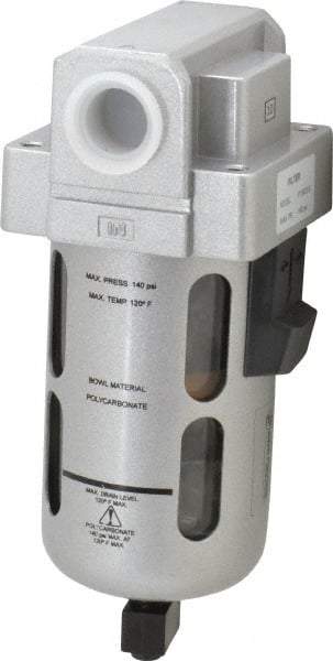 PRO-SOURCE - 1/2" Port, 6.77" High x 2-3/4" Wide, Standard FRL Filter with Polycarbonate Bowl & Manual Drain - 125 SCFM, 145 Max psi, 140°F Max, Modular Connection, Bowl Guard, 1.5 oz Bowl Capacity - Eagle Tool & Supply