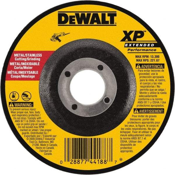 DeWALT - 24 Grit, 9" Wheel Diam, 1/8" Wheel Thickness, 7/8" Arbor Hole, Type 27 Depressed Center Wheel - Zirconia Alumina, Resinoid Bond, 6,600 Max RPM, Compatible with Angle Grinder - Eagle Tool & Supply