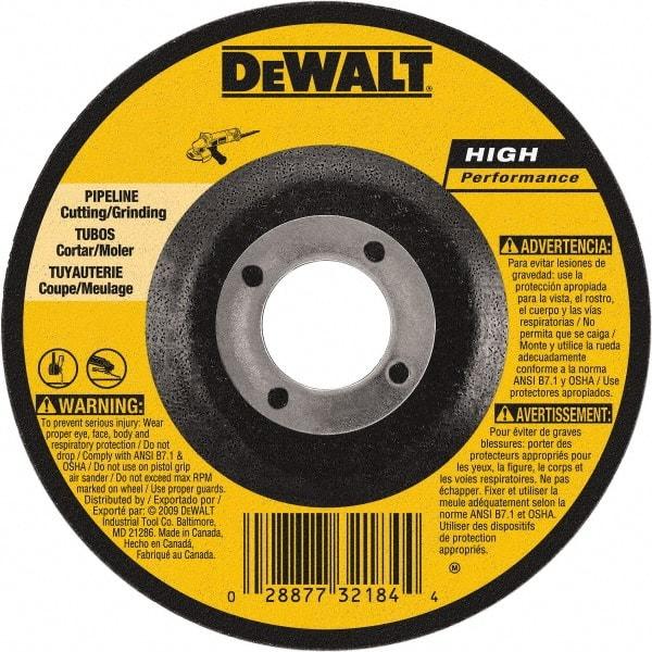 DeWALT - 24 Grit, 6" Wheel Diam, 1/8" Wheel Thickness, 7/8" Arbor Hole, Type 27 Depressed Center Wheel - Aluminum Oxide, 10,100 Max RPM, Compatible with Angle Grinder - Eagle Tool & Supply