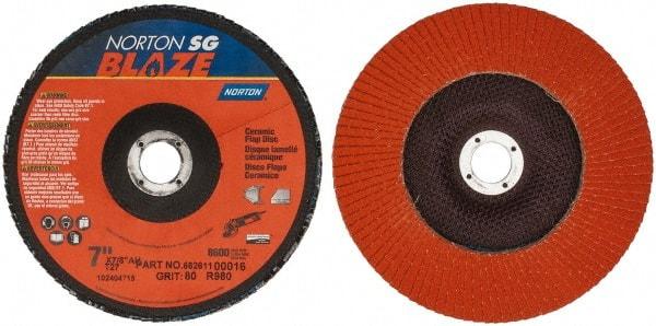 Norton - 80 Grit, 7" Disc Diam, 7/8" Center Hole, Type 27 Ceramic Flap Disc - Plastic Backing, Arbor Attaching System, Coated - Eagle Tool & Supply