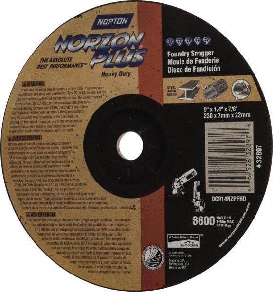 Norton - 9" Wheel Diam, 1/4" Wheel Thickness, 7/8" Arbor Hole, Depressed Center Wheel - Ceramic, Resinoid Bond, 6,600 Max RPM - Eagle Tool & Supply