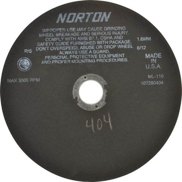 Norton - 10" Aluminum Oxide Cutoff Wheel - 0.063" Thick, 1-1/4" Arbor, 3,500 Max RPM, Use with Stationary Tools - Eagle Tool & Supply